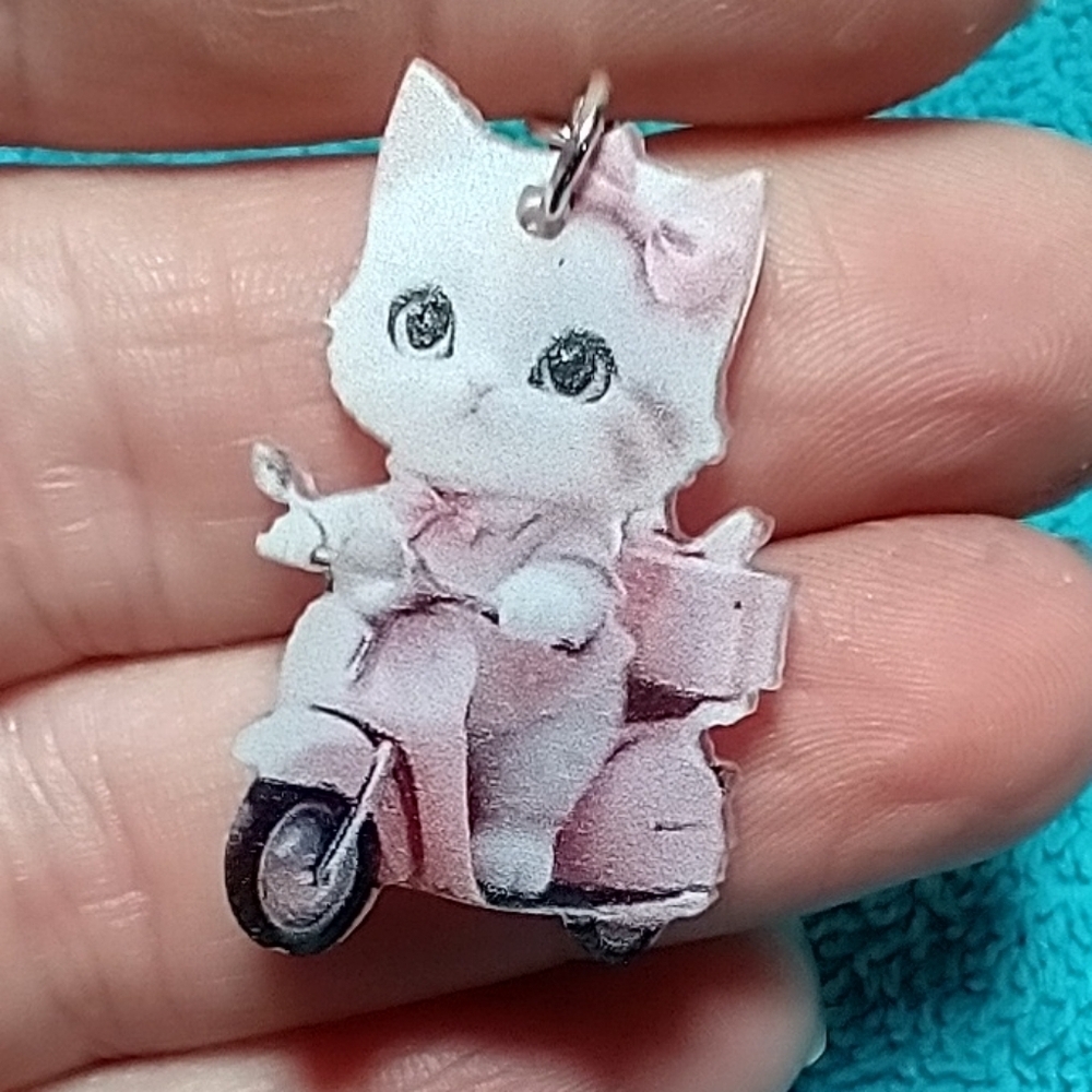 Cute pink white kitten on motorcycle wire dangle earrings